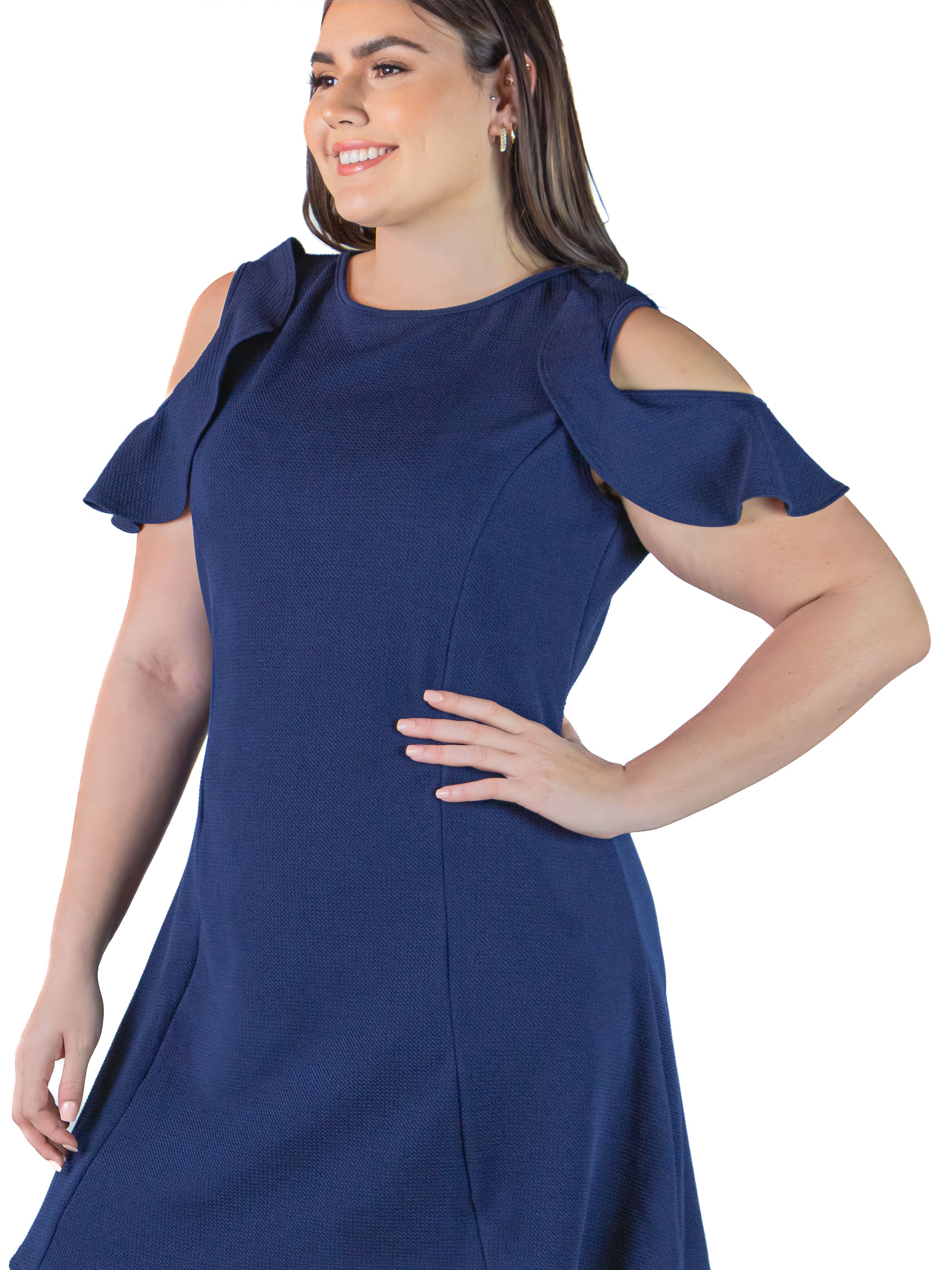 Plus Size Ruffle Cold Shoulder A Line Knee Length Dress