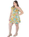 Plus Size Yellow Floral Print One ShoulderRuffle Mini Dress