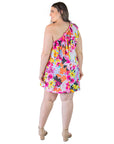Plus Size Pink and Yellow Floral Print One ShoulderRuffle Mini Dress