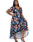 Plus Size Black Floral V Neck Belted High Low Faux Wrap Dress