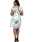 Plus Size Floral Print V Neck Empire Waist Kimono Cap Sleeve Knee Length Dress