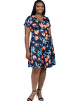 Plus Size Tulip Print V Neck Empire Waist Kimono Cap Sleeve Knee Length Dress