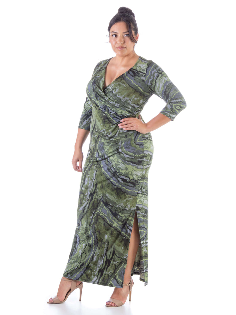 Green Faux Wrap Side Slit Plus Size Maxi Dress