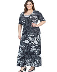 Plus Size  Black and White Elbow Sleeve Casual A Line Maxi Dress