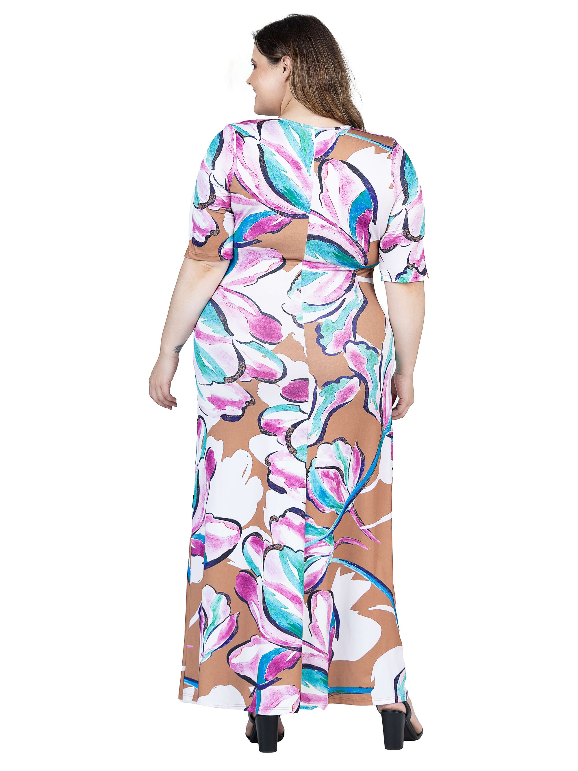 Plus Size Pink Floral Elbow Sleeve Casual A Line Maxi Dress