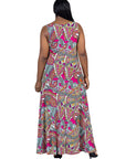 Plus Size Pink Paisley Print Scoop Neck A Line Sleeveless Maxi Dress