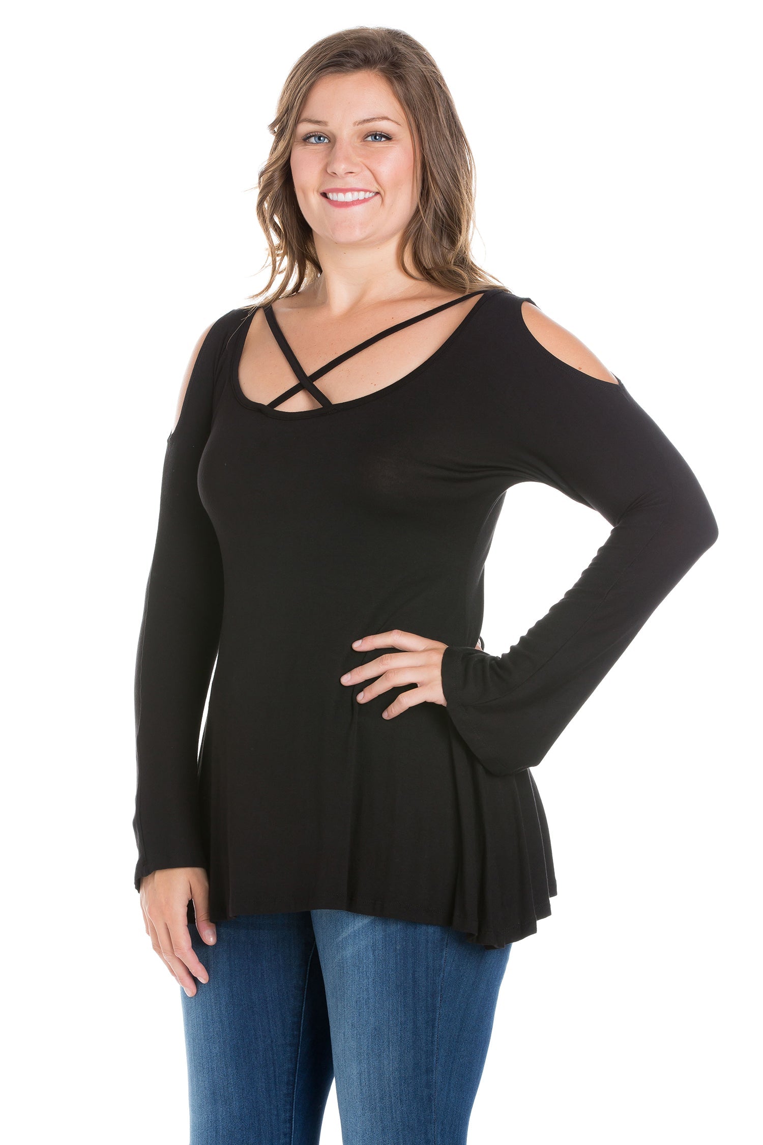 Long Sleeve Plus Size Criss Cross Cold Shoulder Top