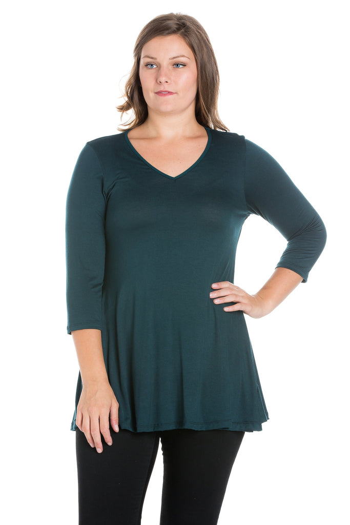 V-Neck Plus Size Three Quarter Sleeve Forest Green Tunic Top For Women