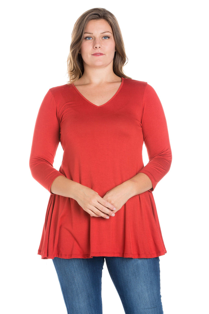 V-Neck Plus Size Three Quarter Sleeve Rust Orange Tunic Top For Women