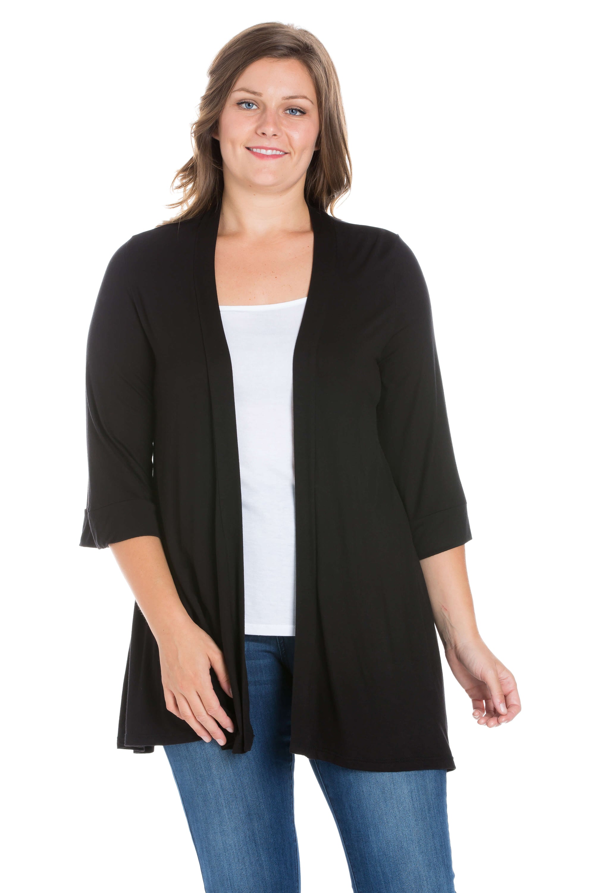 Elbow Length Sleeve Open Front Plus Size Cardigan