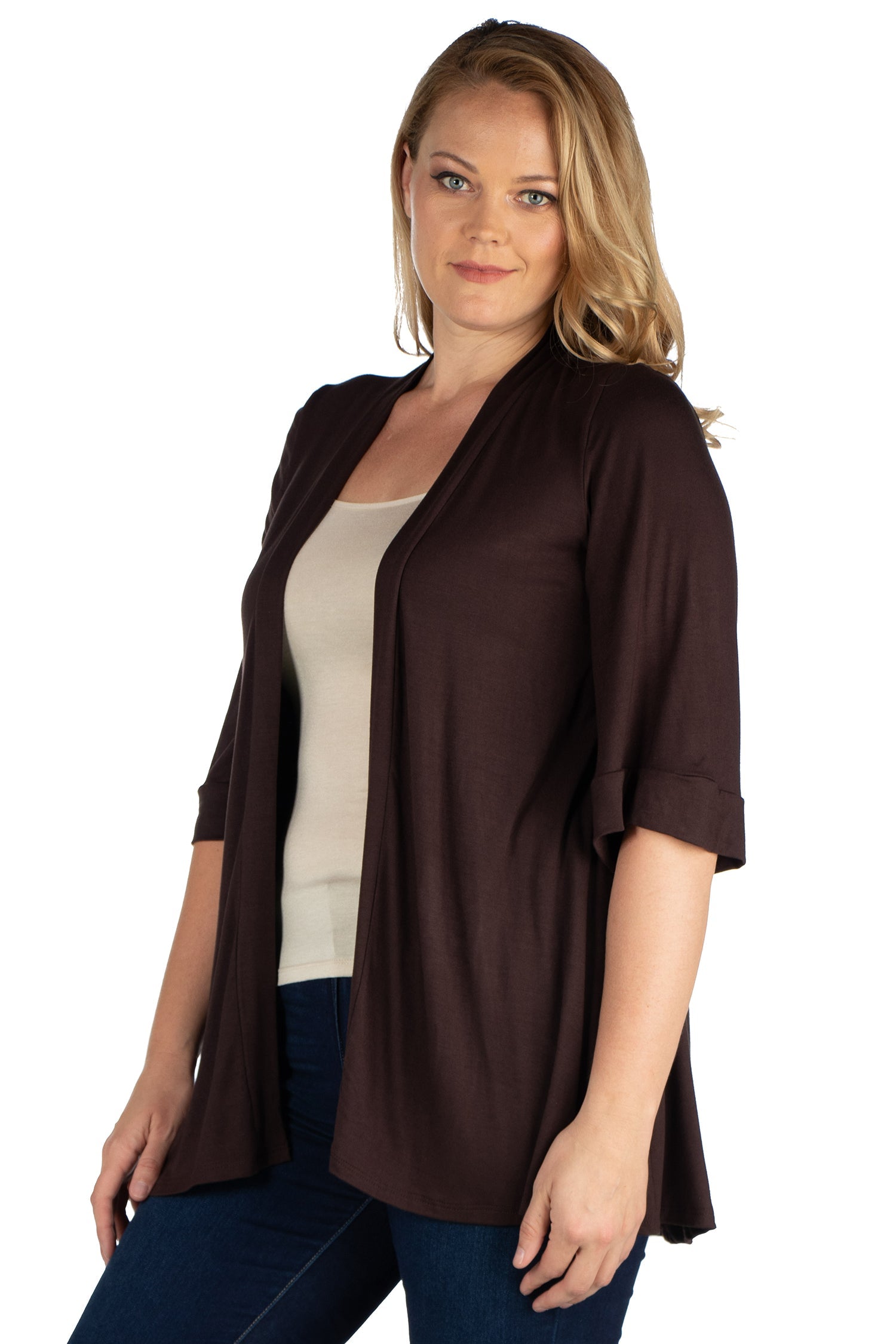 Elbow Length Sleeve Open Front Plus Size Cardigan