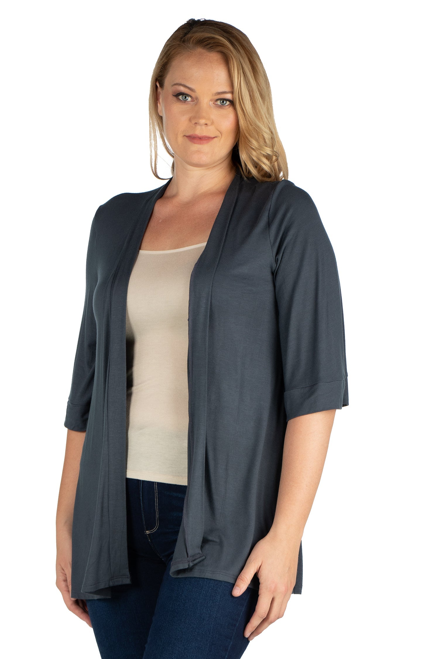 Elbow Length Sleeve Open Front Plus Size Cardigan