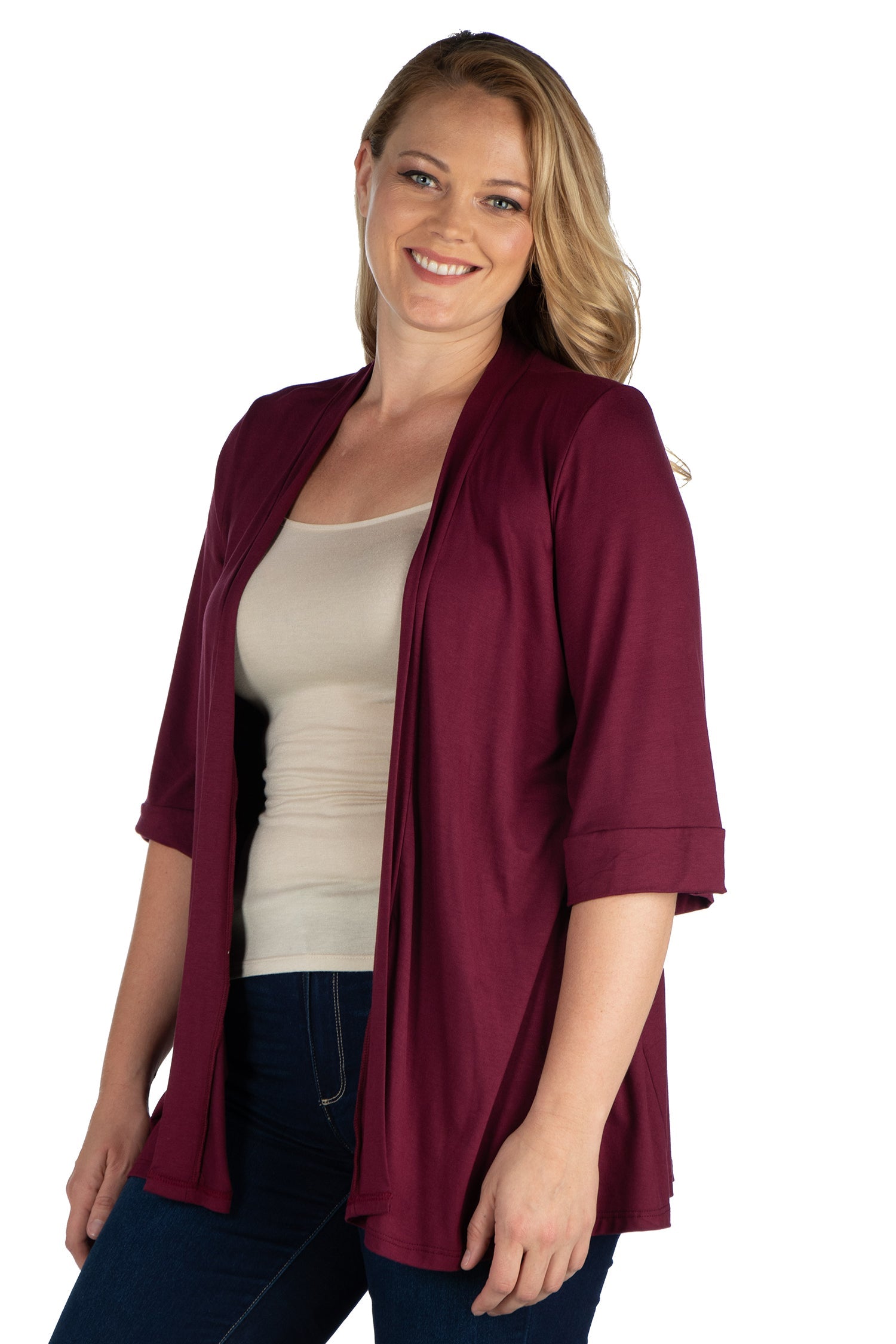 Elbow Length Sleeve Open Front Plus Size Cardigan