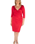 Knee Length V Neck Plus Size Wrap Dress