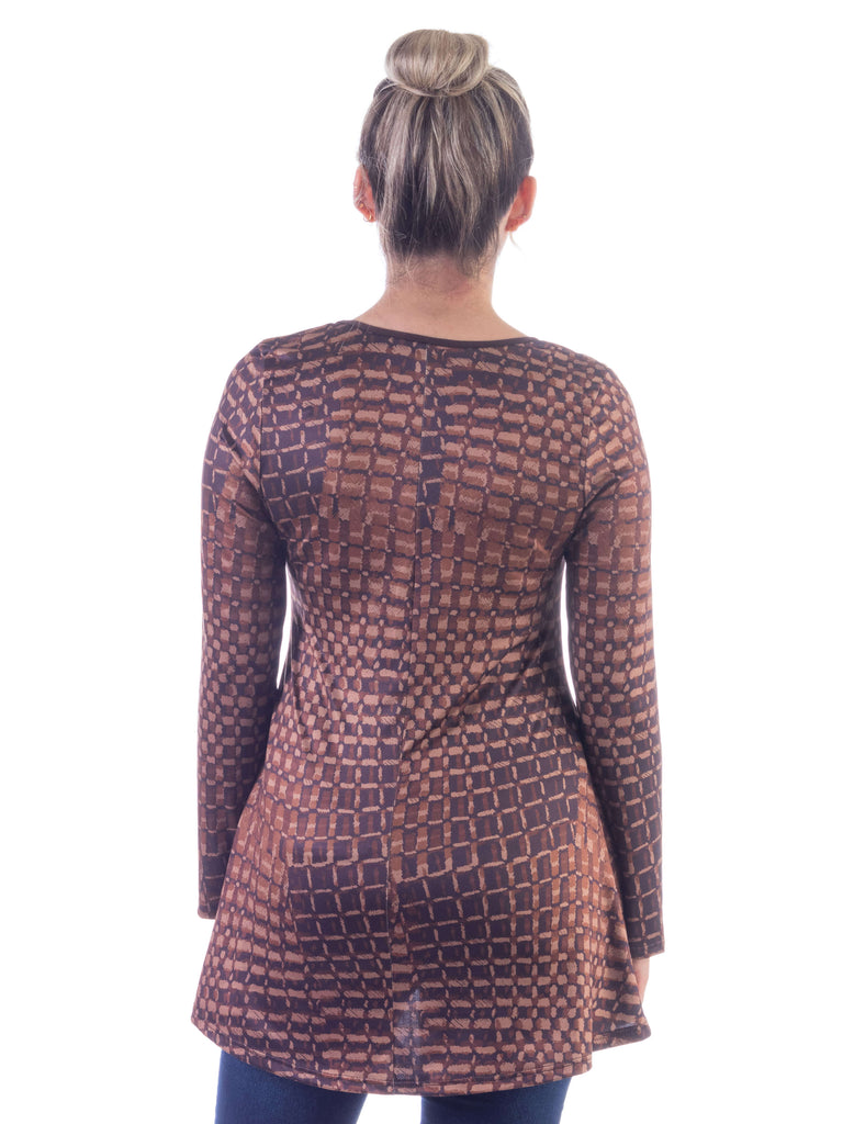 Brown Scoop Neck Long Sleeve Tunic Top