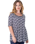 Womens Black Geometric Print Elbow Sleeve Casual Tunic Top