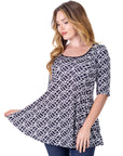 Womens Black Geometric Print Elbow Sleeve Casual Tunic Top