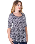 Womens Black Geometric Print Elbow Sleeve Casual Tunic Top