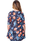 Womens Black Tulip Print Elbow Sleeve Casual Tunic Top