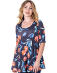 Womens Black Tulip Print Elbow Sleeve Casual Tunic Top