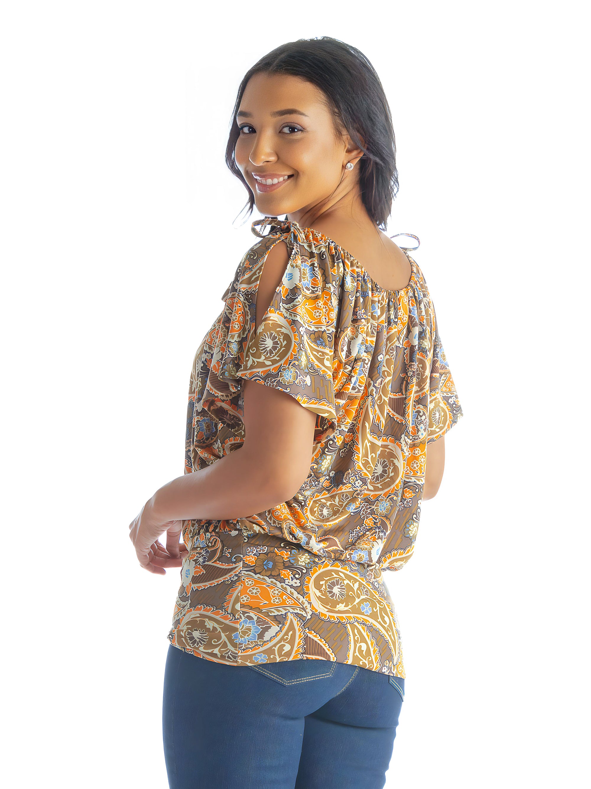 Womens Brown Paisley Short Sleeve Split Shoulder Top