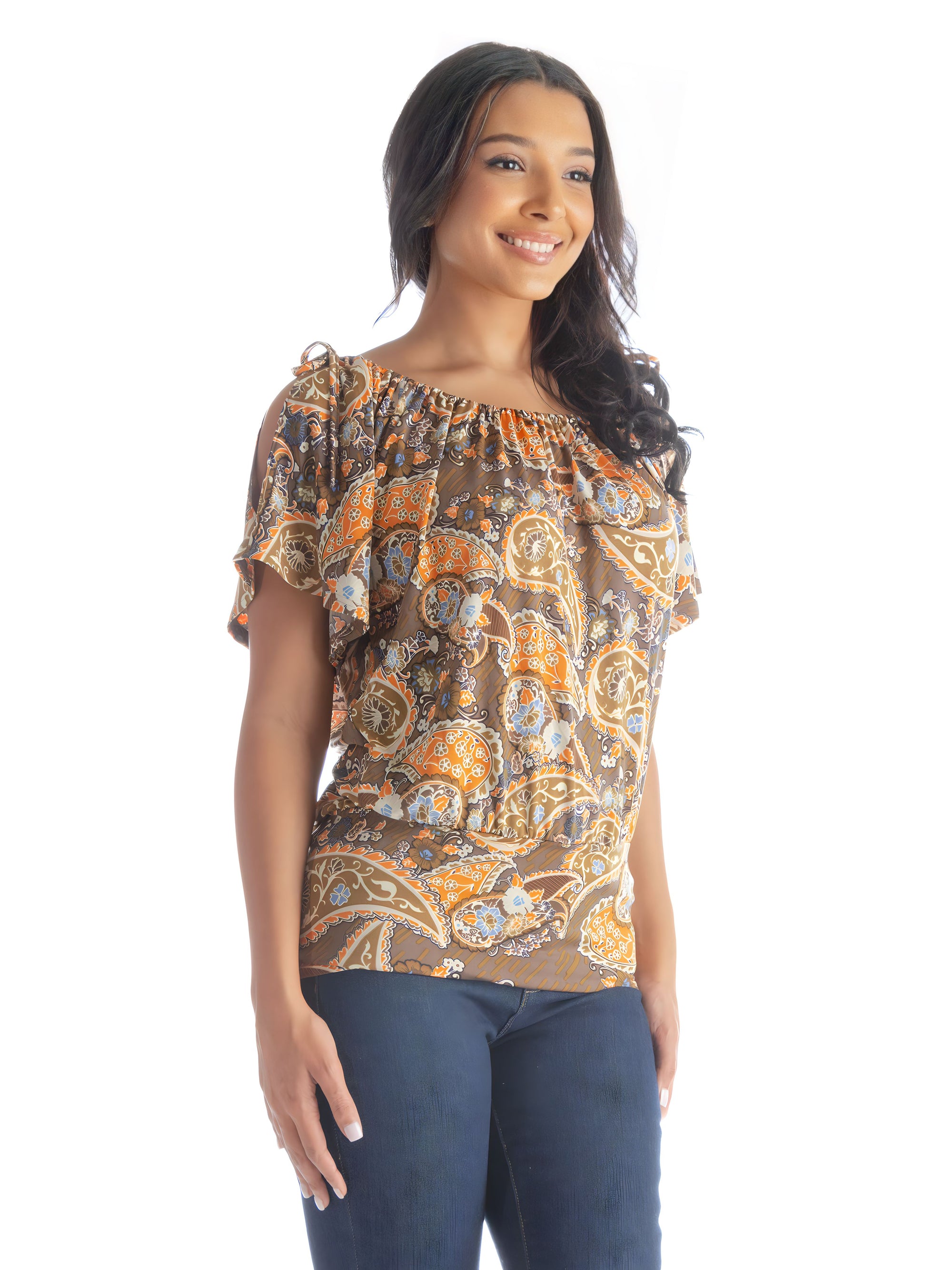 Womens Brown Paisley Short Sleeve Split Shoulder Top