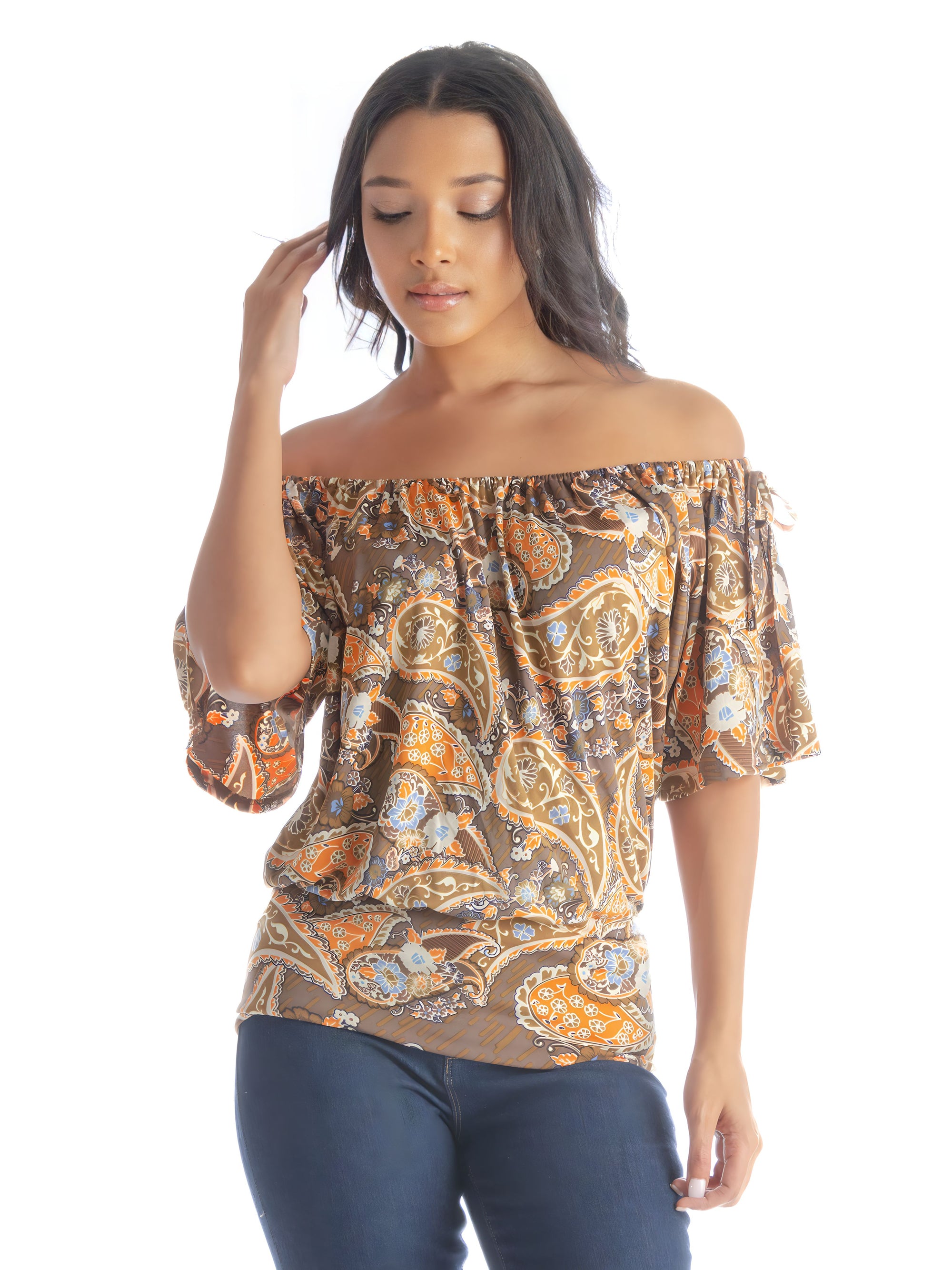 Womens Brown Paisley Short Sleeve Split Shoulder Top
