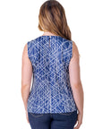 Womens Navy Print Pleated Crew Neckline Back Closure Sleeveless Top
