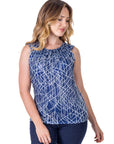 Womens Navy Print Pleated Crew Neckline Back Closure Sleeveless Top