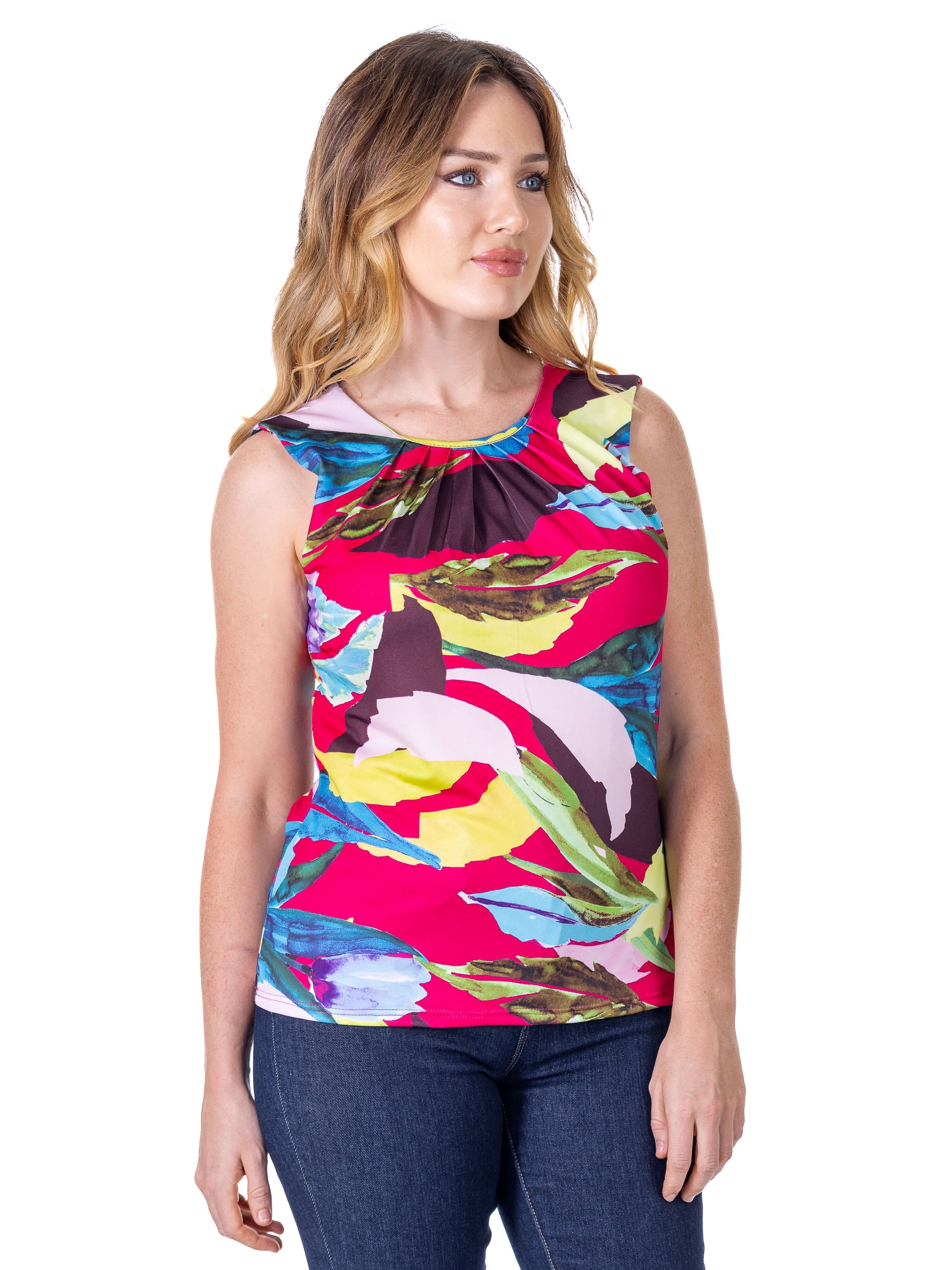 Womens Pink Pleated Crew Neckline Back Closure Sleeveless Top