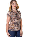 Womens Brown Print Short Sleeve V Neck Wrap Top