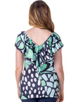 Cap Sleeve Green Butterfly Print Ruffle V Neck Womens Top