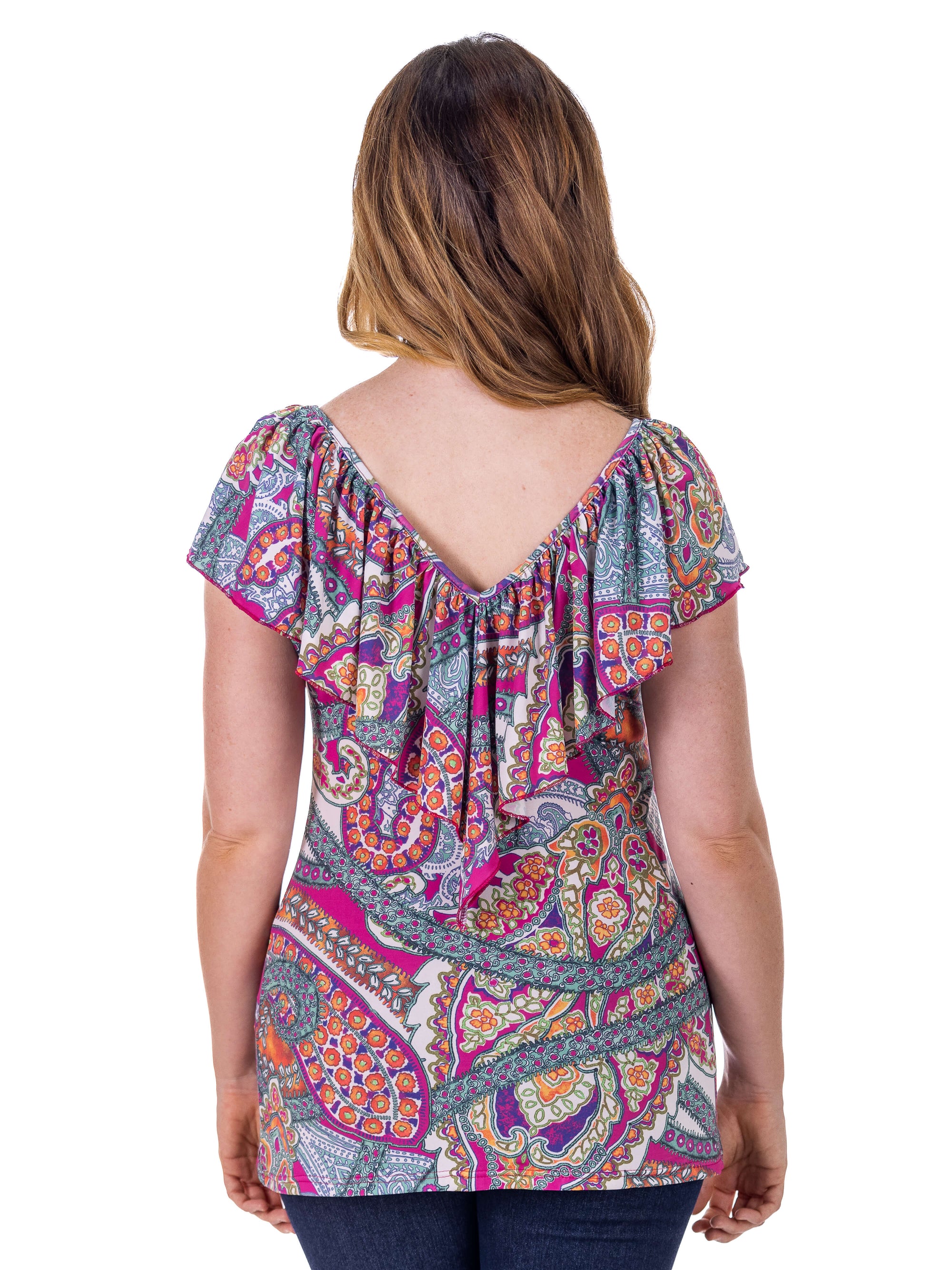 Cap Sleeve Pink Paisley Print Ruffle V Neck Womens Top