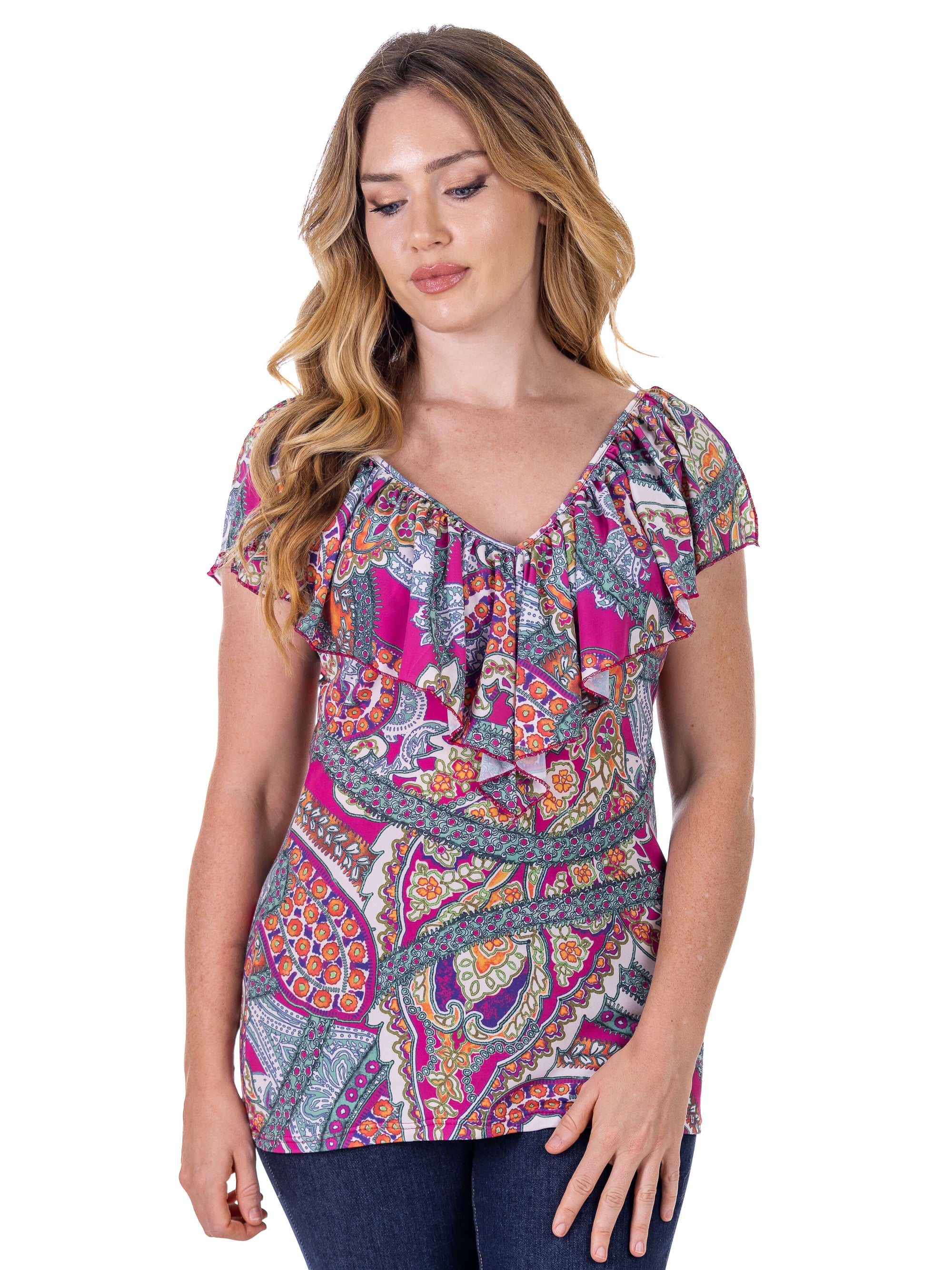 Cap Sleeve Pink Paisley Print Ruffle V Neck Womens Top