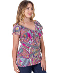 Cap Sleeve Pink Paisley Print Ruffle V Neck Womens Top
