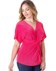 Womens V Neck Knot Front Kimono Sleeve Top