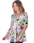 Pastel Color Floral Elbow Sleeve V Neck Henley Tunic Top
