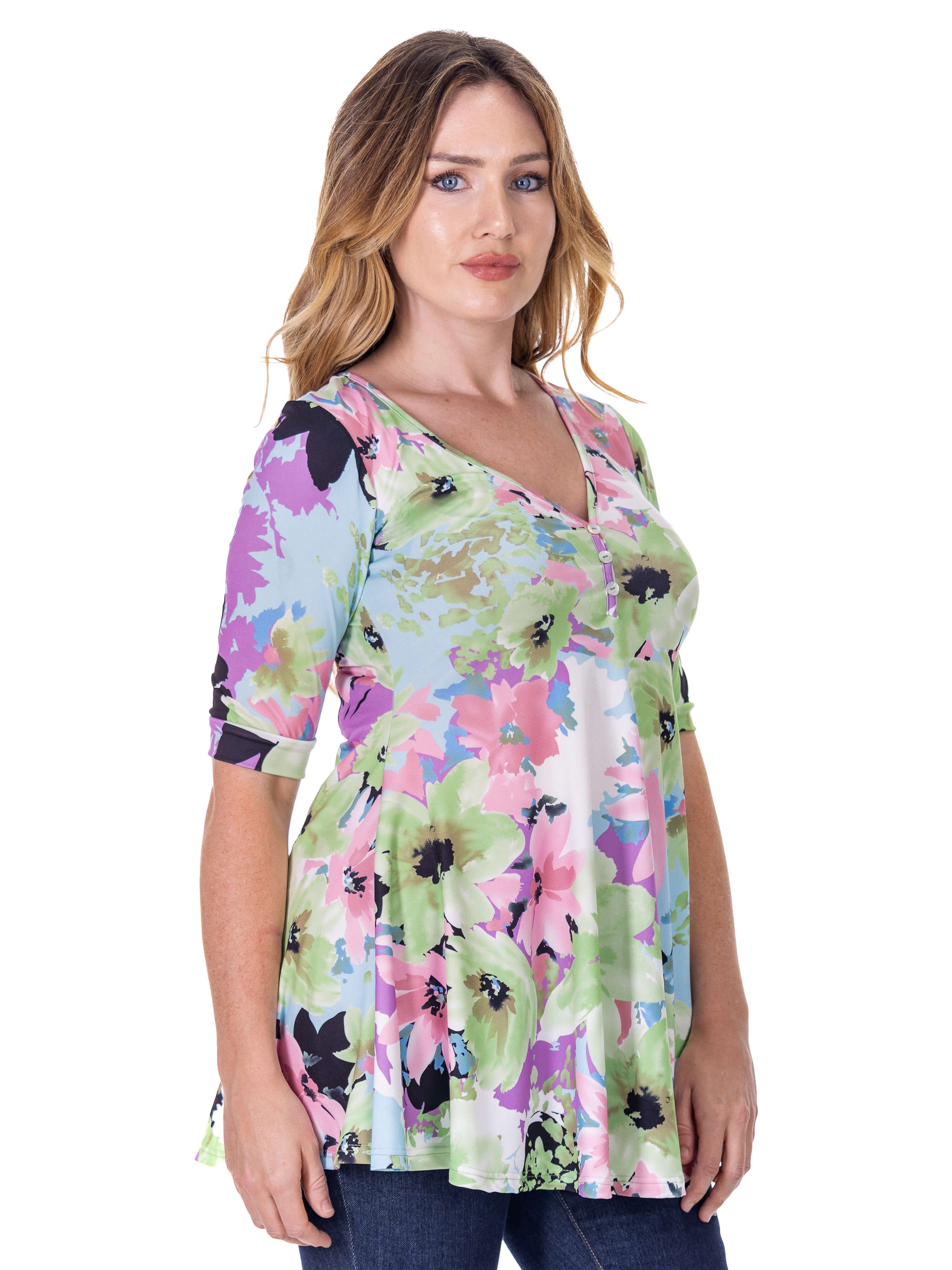Pastel Color Floral Elbow Sleeve V Neck Henley Tunic Top