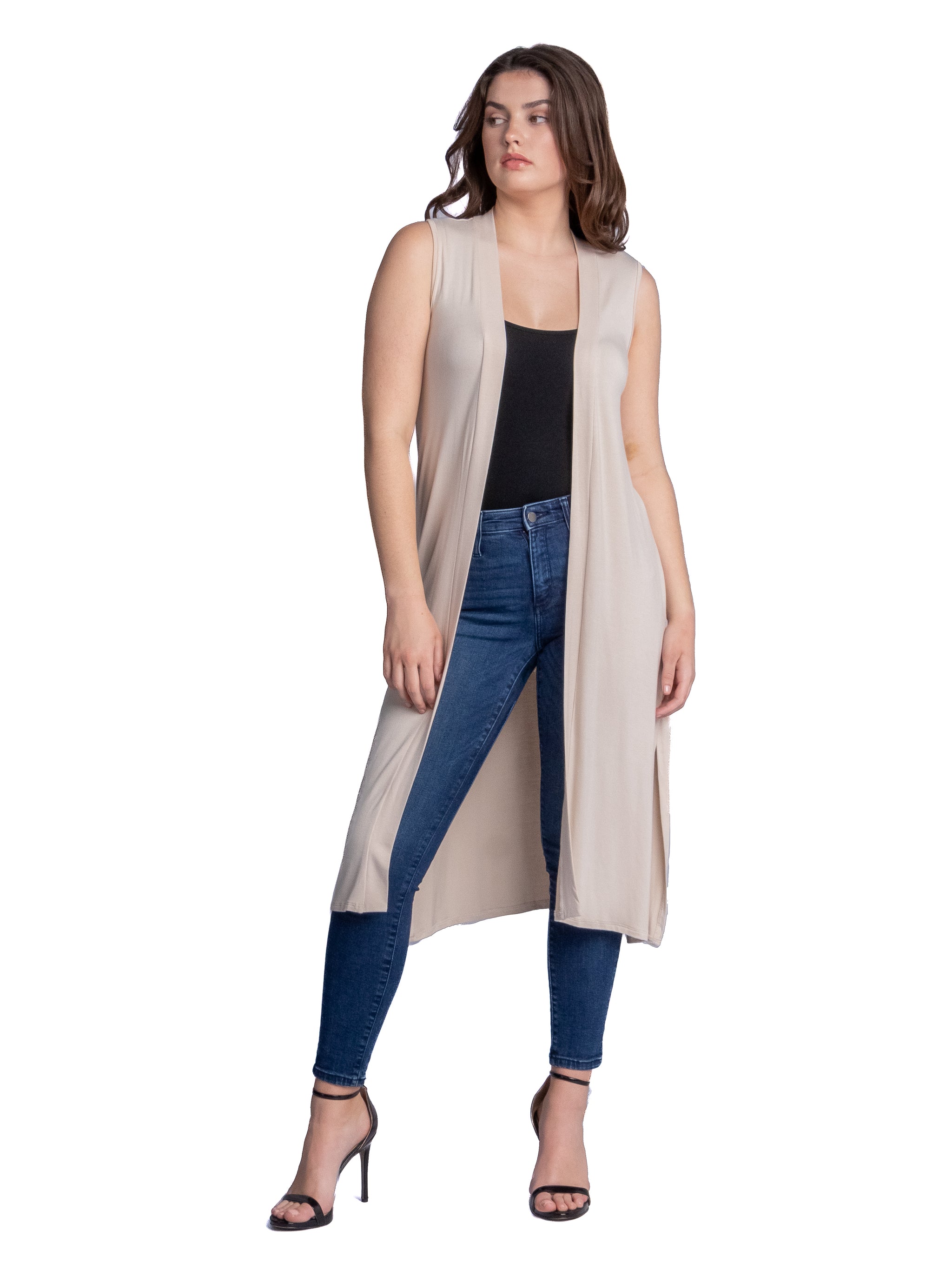 Sleeveless Long Cardigan Vest with Side Slit 24seven Comfort Apparel