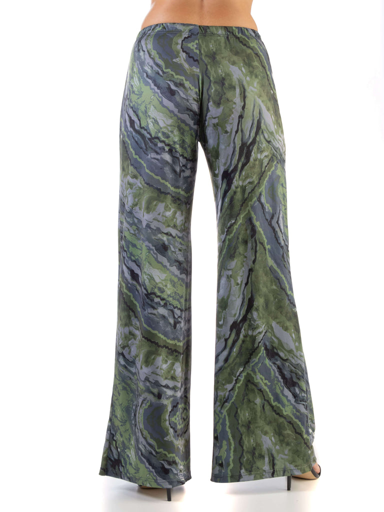 Sage Green Print Elastic Waist Palazzo Pants