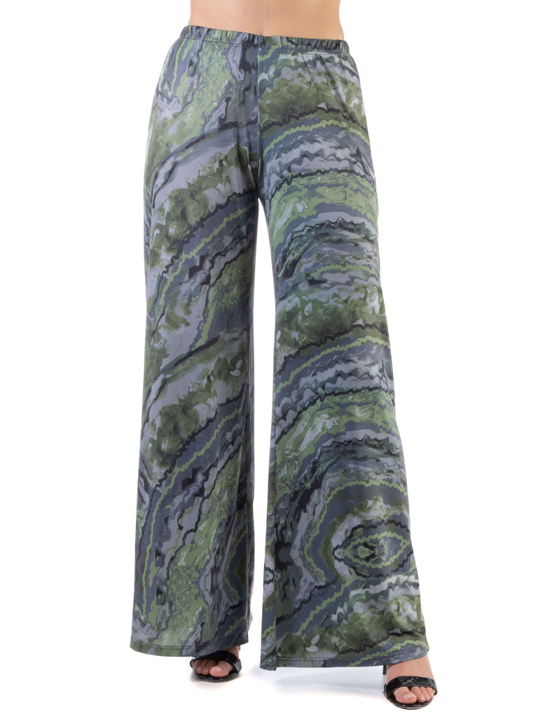 Sage Green Print Elastic Waist Palazzo Pants