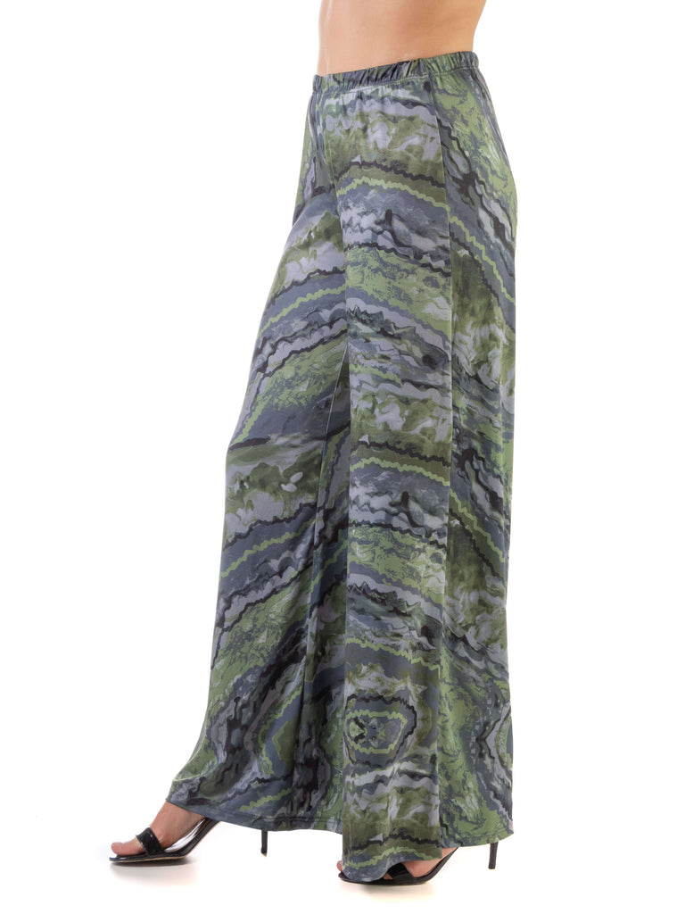 Sage Green Print Elastic Waist Palazzo Pants