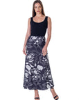 Black and White Floral Elastic Waist Ankle Length Comfortable Maxi Skirt
