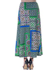 Green Scarf Print Elastic Waist Ankle Length Comfortable Maxi Skirt