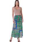 Green Scarf Print Elastic Waist Ankle Length Comfortable Maxi Skirt