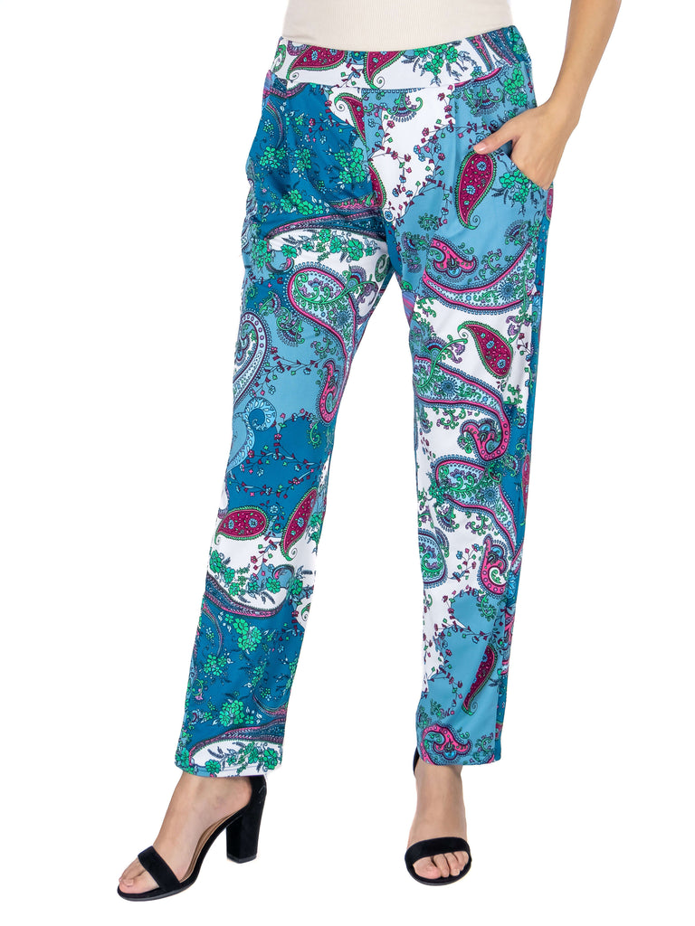 Paisley Stretch Waist Cigarette Trouser Pants Pockets