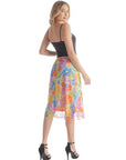 Colorful Spring Floral Sheer Overlay Elastic Waist Knee Length Skirt