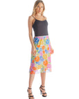Colorful Spring Floral Sheer Overlay Elastic Waist Knee Length Skirt