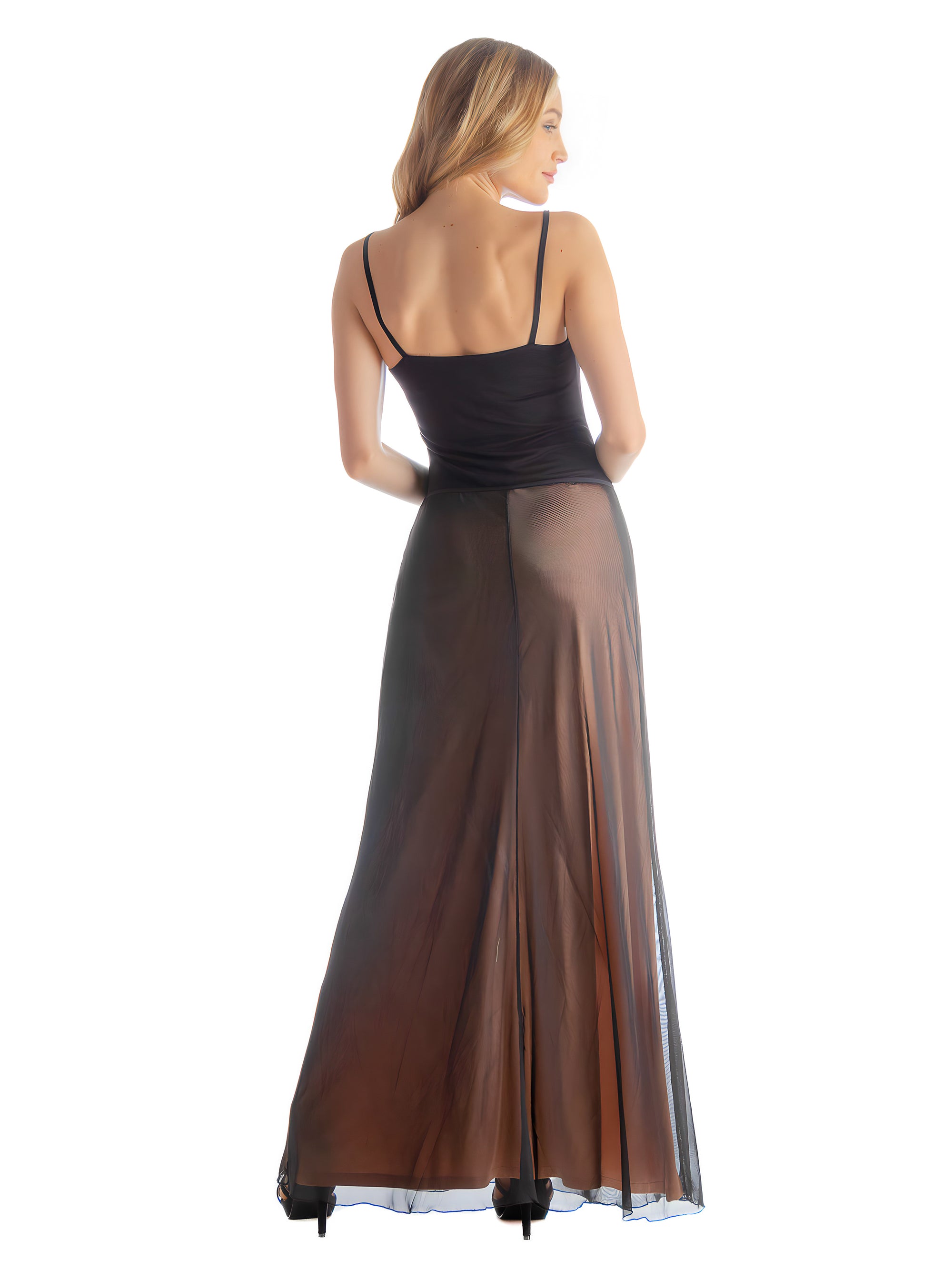 Solid Color Sheer Overlay Elastic Waist Dressy Maxi Skirt