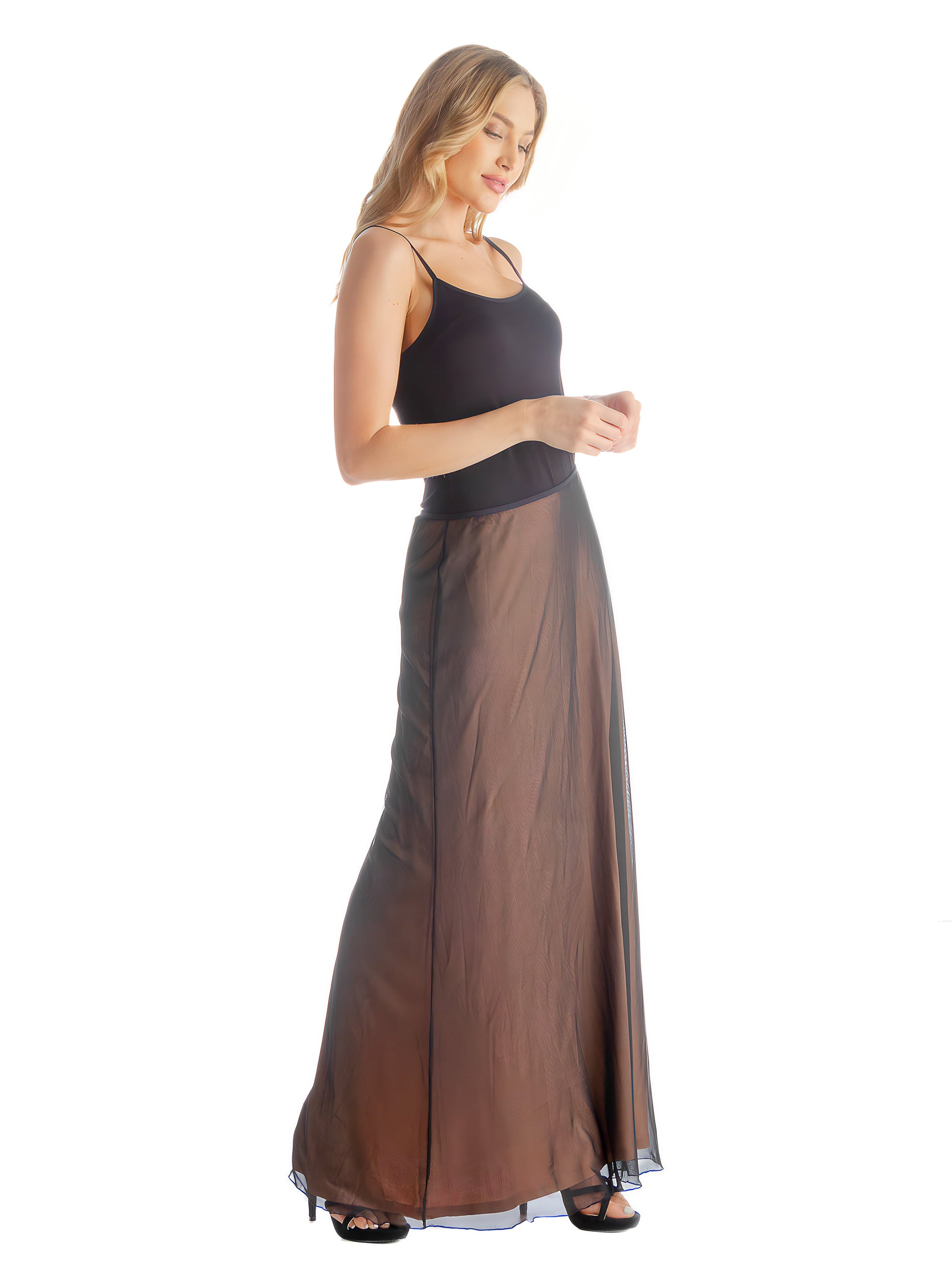 Solid Color Sheer Overlay Elastic Waist Dressy Maxi Skirt